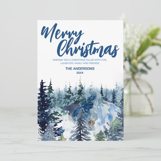 Cartes Pour Fêtes Annuelles Bleu Merry xmas la forêt moderne (Debout devant)