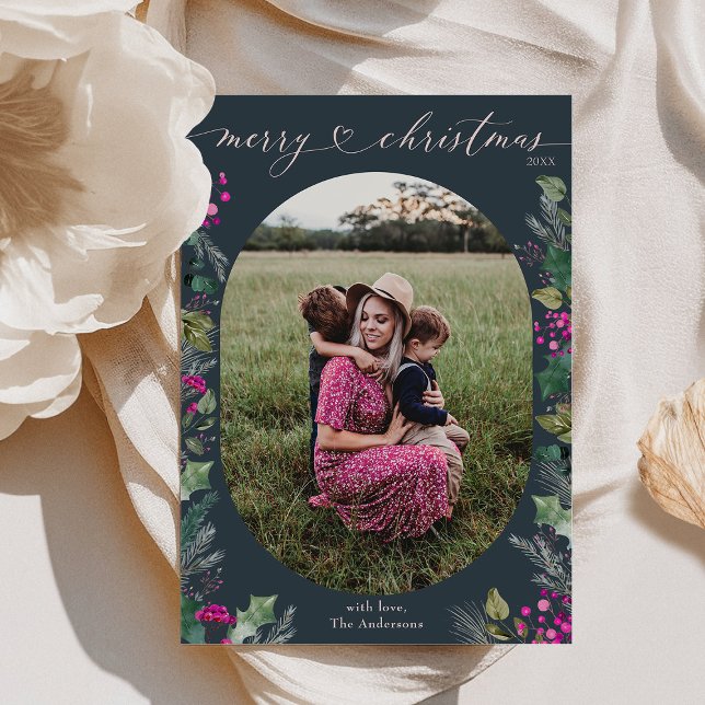 Cartes Pour Fêtes Annuelles Bleu moderne Botanique d'hiver 1 Photo Noël (Créateur téléchargé)