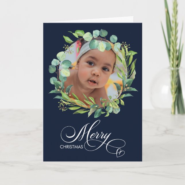 Cartes Pour Fêtes Annuelles Bleu moderne Élégant Script Eucalyptus Foliage (Devant)