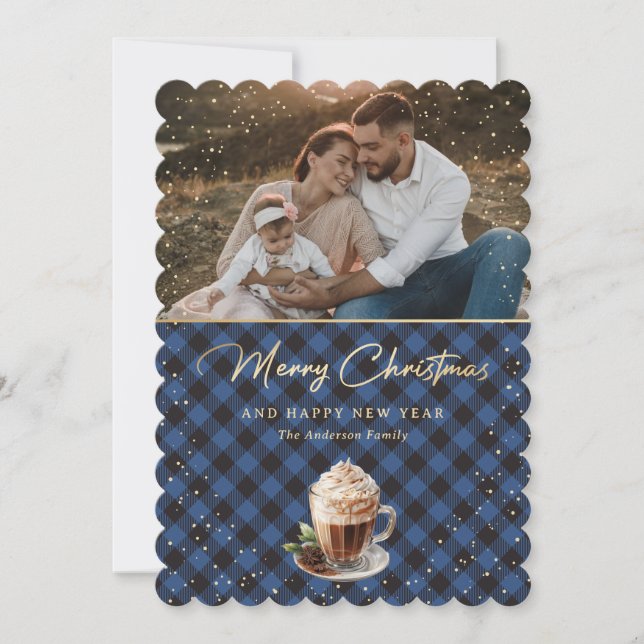 Cartes Pour Fêtes Annuelles Bleu neigeux Buffalo doré Plaid Photo Noël (Devant)