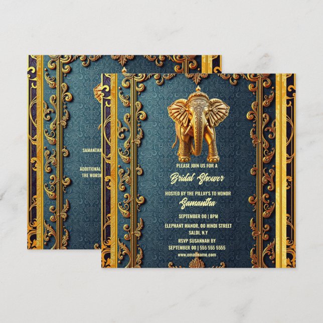 Cartes Pour Fêtes Annuelles Bleu or indien éléphant fleuri nuptiale douche (Devant / Derrière)
