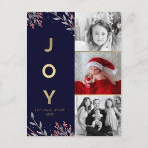 Cartes Pour Fêtes Annuelles Bleu & Or JOIE 3 Trois Photos Fêtes Noël