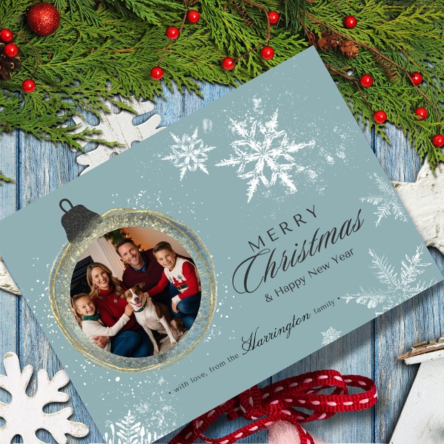 Cartes Pour Fêtes Annuelles Bleu Ornement Famille de Noël Photo Flocon de neig (Créateur téléchargé)