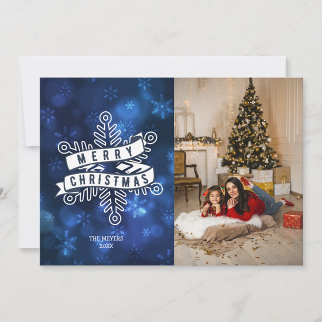 Cartes Pour Fêtes Annuelles Bleu Photo Flocon de neige Joyeux Noël Lettres (Devant)