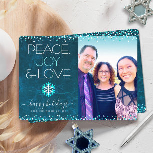 Cartes Pour Fêtes Annuelles Bleu Photo Paix Joie Amour Écriture Flocon Moderne