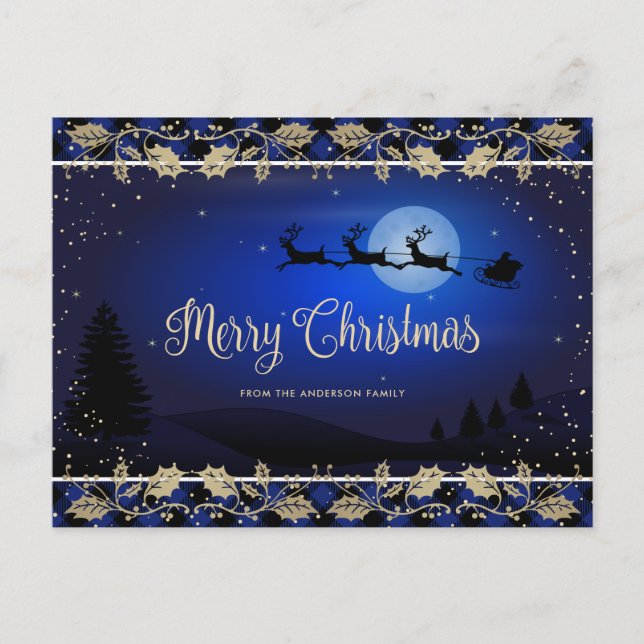 Cartes Pour Fêtes Annuelles Bleu Plaid Père Noël Snowy Classic Joyeux Noël (Devant)