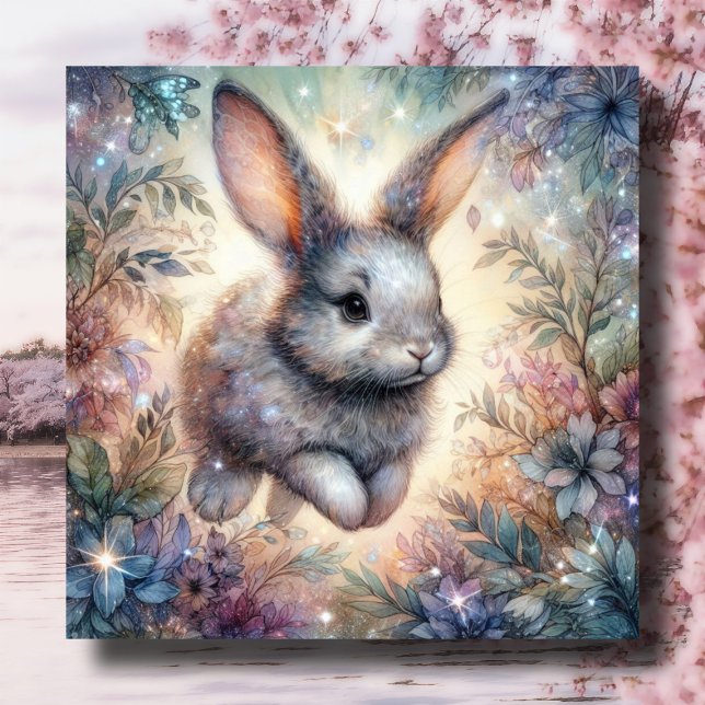 Cartes Pour Fêtes Annuelles Bleu pourpre Aquarelle Bunny Parties scintillant F (Créateur téléchargé)