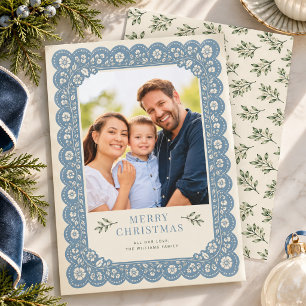 Cartes Pour Fêtes Annuelles Bleu Poussiéreux Dentelle Florale Famille Photo No