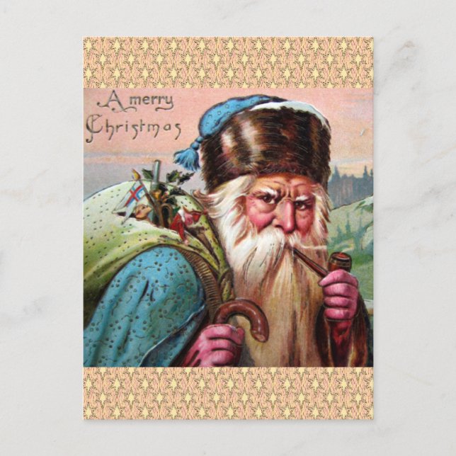 Cartes Pour Fêtes Annuelles Bleu Robe Santa Claus Fumer Pipe - Noël (Devant)