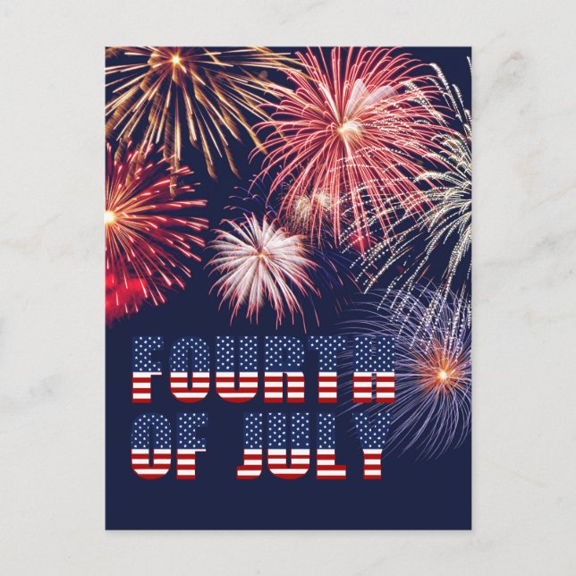 Cartes Pour Fêtes Annuelles Bleu rouge 4 juillet feux d'artifice nuit (Devant)
