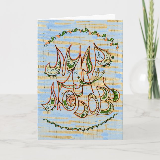 Cartes Pour Fêtes Annuelles Bleu sur bois Folk Art Paix & Amour Souhait en rus (Devant)