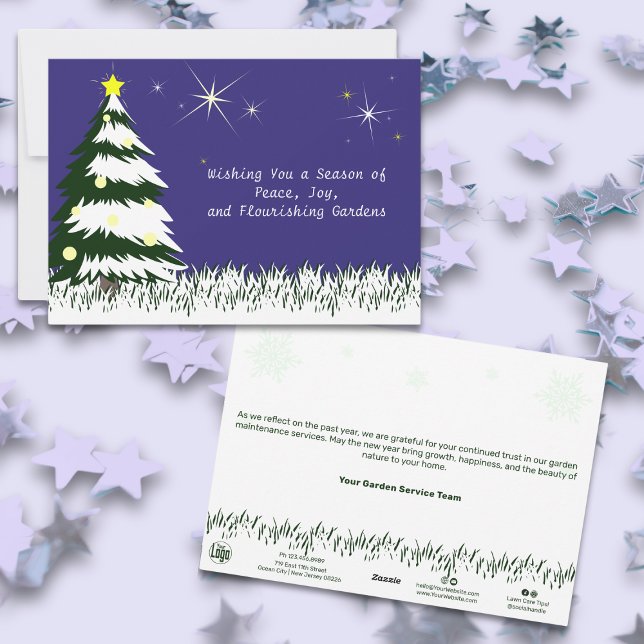 Cartes Pour Fêtes Annuelles Bleu, Vert et Blanc Noël (Blue, Green & White Christmas Season Business Holiday Card, Christmas Tree - Snow Landscape)