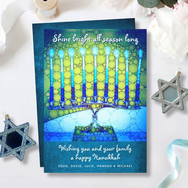 Cartes Pour Fêtes Annuelles Bleu vert Hanoukka Menorah brillant Script (Créateur téléchargé)