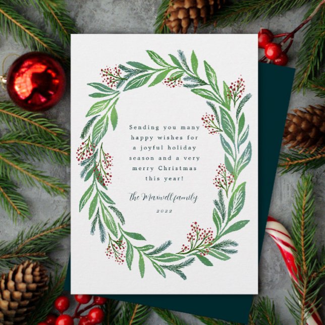 Cartes Pour Fêtes Annuelles Bleu Vert Illustré Floral Wreath Photo (elegant illustrated Christmas pine and holly berry wreath with personalized text and photo card)