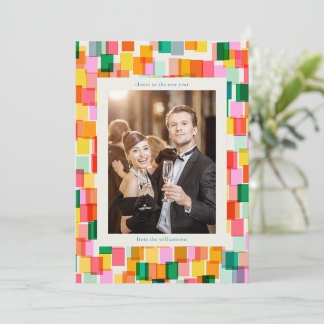 Cartes Pour Fêtes Annuelles Bloc de couleur Confetti Joyeux Nouvel An Moderne (Debout devant)