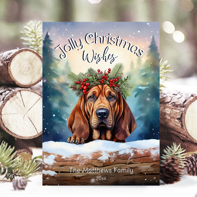 Cartes Pour Fêtes Annuelles Bloodhound Dog in SnowForest Jolly Noël (Adorable Winter Snowy Scene With Peeking Dogs or Farm/Woodland Animals - Over 50 to Choose From!)