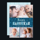Cartes Pour Fêtes Annuelles Blue 3 Photo Happy Hanoukka Modern Fun Typographie<br><div class="desc">"Bonne Hanoukka." Une typographie artisanale amusante, ludique et fantaisiste, accompagnée d'une Star of David motif aléatoire en bleu poussiéreux recouvrant des lignes dessinées à main bleu marine de minuit sur un arrière - plan bleu turquoise foncé, ainsi que 3 photos de votre choix, vous aide à ouvrir Hanoukka. Des lignes...</div>