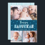 Cartes Pour Fêtes Annuelles Blue 3 Photo Happy Hanoukka Modern Fun Typographie<br><div class="desc">"Bonne Hanoukka." Une typographie artisanale amusante, ludique et fantaisiste, accompagnée d'une Star of David motif aléatoire en bleu poussiéreux recouvrant des lignes dessinées à main bleu marine de minuit sur un arrière - plan bleu turquoise foncé, ainsi que 3 photos de votre choix, vous aide à ouvrir Hanoukka. Des lignes...</div>
