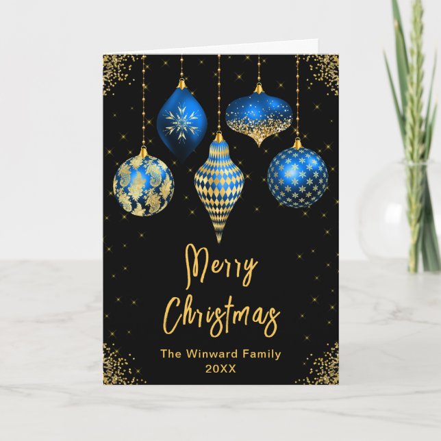 Cartes Pour Fêtes Annuelles Blue and Gold Ornaments Merry Christmas (Devant)