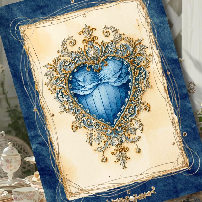 Cartes Pour Fêtes Annuelles Blue Baroque Heart with Gilded Ornamental Frame (Créateur téléchargé)