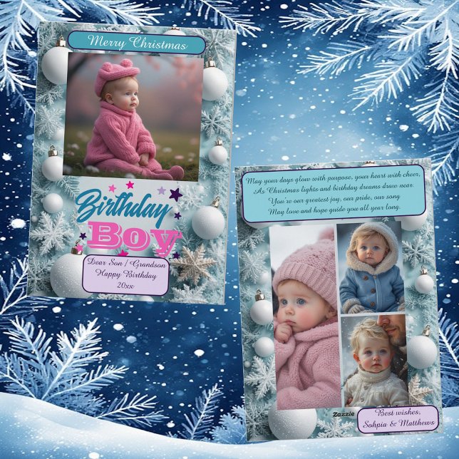 Cartes Pour Fêtes Annuelles Blue Birthday Boy White Christmas Snowflakes Photo (Blue Birthday Boy White Christmas Snowflakes Photo Holiday Card)