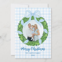 Blue Bow Wreath Christmas Photo Holiday Card