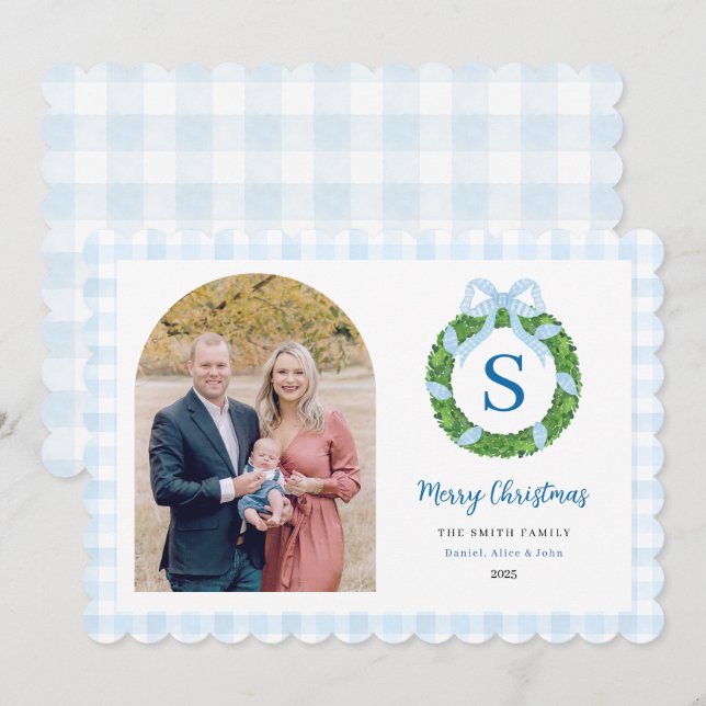 Cartes Pour Fêtes Annuelles Blue Bow Wreath Christmas Photo Holiday Card (Devant / Derrière)