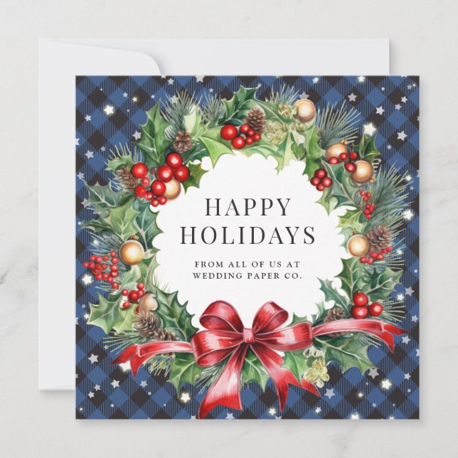 Cartes Pour Fêtes Annuelles Blue Buffalo Plaid Holly Berries Stars Business (Devant)