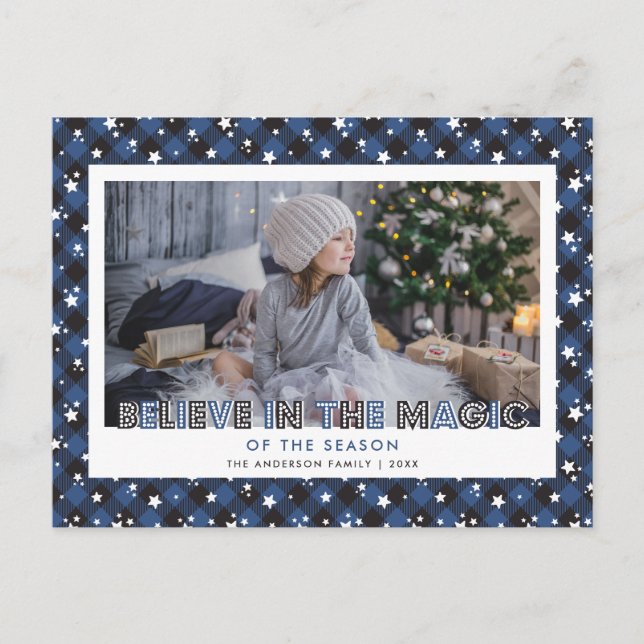 Cartes Pour Fêtes Annuelles Blue Buffalo Plaid Neige Stars Croire Photo (Devant)