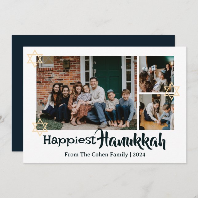 Cartes Pour Fêtes Annuelles Blue Calligraphy Happiest Hanoukka famille 3 photo (Devant / Derrière)