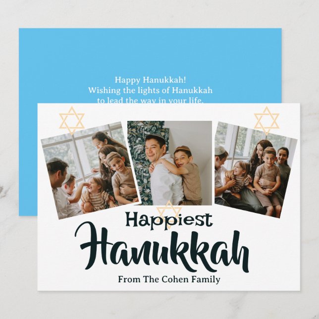 Cartes Pour Fêtes Annuelles Blue Calligraphy Happiest Hanoukka famille 3 photo (Devant / Derrière)