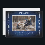 Cartes Pour Fêtes Annuelles Blue Chalkboard Hope Peace Love Christmas Photo<br><div class="desc">Cette carte de voeux de Noël contient le texte Hope Peace Love. Personnalisez cette carte en ajoutant votre propre photo et votre nom. Cette conception fait partie d'une collection qui comprend d'autres éléments correspondants. Visitez la page de collection de notre magasin pour voir la gamme complète.</div>