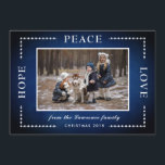 Cartes Pour Fêtes Annuelles Blue Chalkboard Hope Peace Love Christmas Photo<br><div class="desc">Cette carte de voeux de Noël contient le texte Hope Peace Love. Personnalisez cette carte en ajoutant votre propre photo et votre nom. Cette conception fait partie d'une collection qui comprend d'autres éléments correspondants. Visitez la page de collection de notre magasin pour voir la gamme complète.</div>