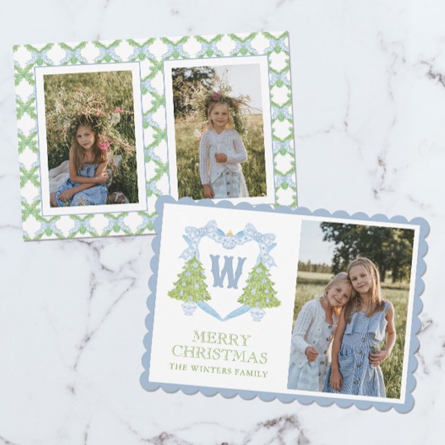 Cartes Pour Fêtes Annuelles Blue Chinoiserie Arbre de Noël Monogram Crest (Créateur téléchargé)