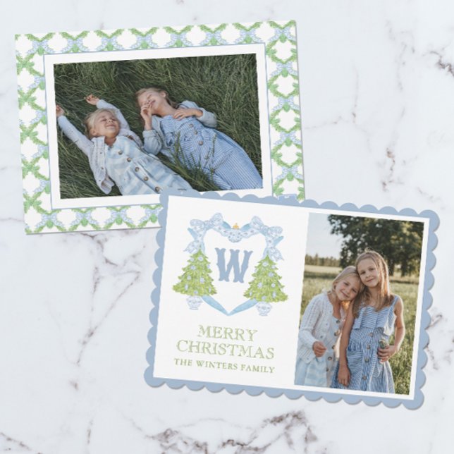 Cartes Pour Fêtes Annuelles Blue Chinoiserie Arbre de Noël Monogram Crest (Créateur téléchargé)