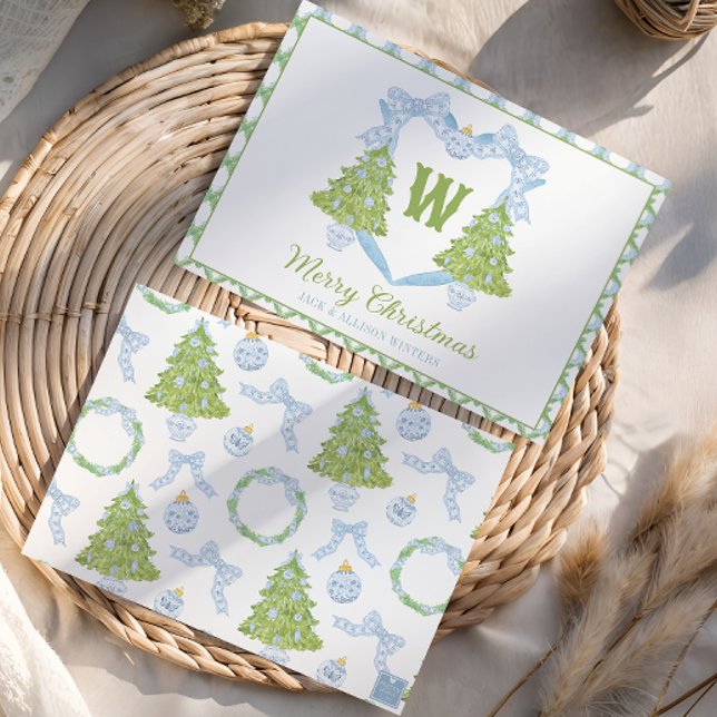 Cartes Pour Fêtes Annuelles Blue Chinoiserie Arbre de Noël Monogram Crest (Créateur téléchargé)