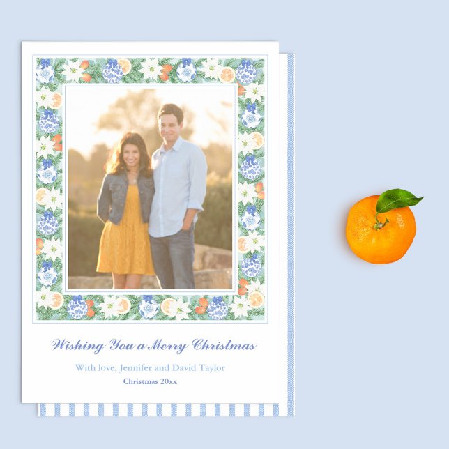 Cartes Pour Fêtes Annuelles Blue Chinoiserie Chic Citrus Joyeux Noël Photo (Blue And White Chinoiserie With Citrus Greenery Frame Family Picture Holidays Card)