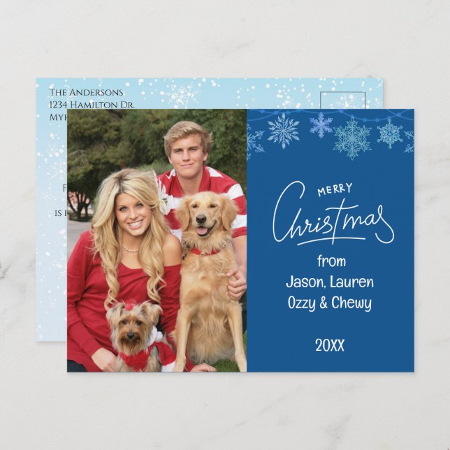 Cartes Pour Fêtes Annuelles Blue Christmas Famille Photo Animaux (Devant / Derrière)