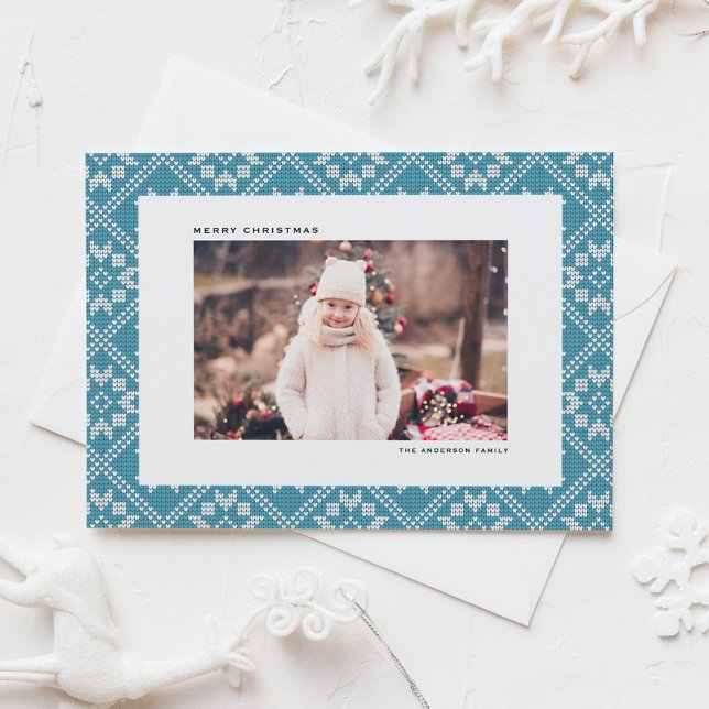 Cartes Pour Fêtes Annuelles Blue Fair Isle Winter Knit Motif Photo Noël (Blue Fair Isle Sweater Knit Pattern Photo Christmas Holiday Card)