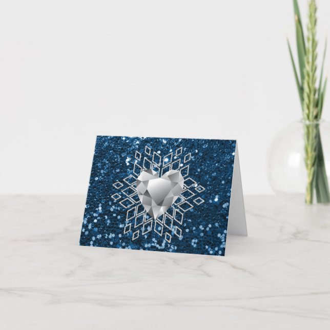 Cartes Pour Fêtes Annuelles Blue Faux Parties scintillant Diamond Coeur Snowfl (Devant)