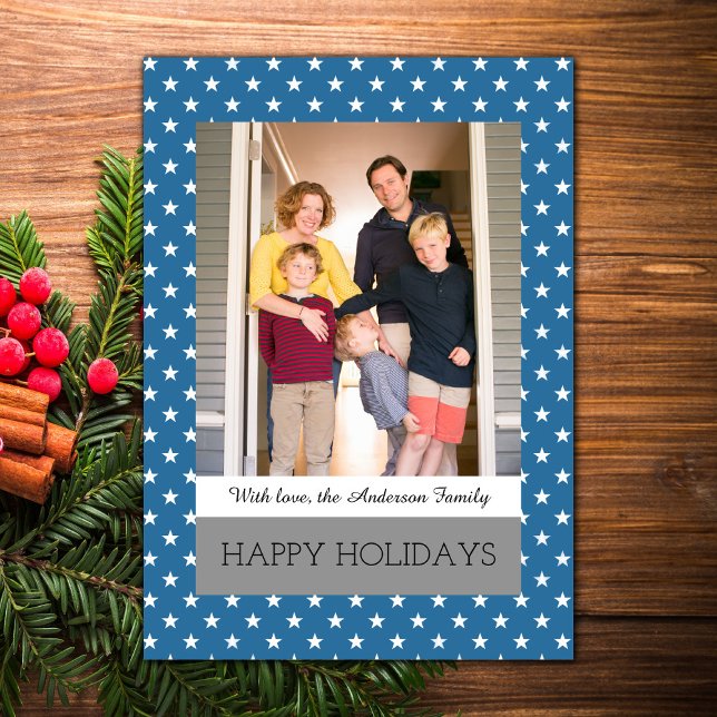 Cartes Pour Fêtes Annuelles Blue Festive Stars Holiday Photo Flat Card (Blue Festive Stars Holiday Photo Card)