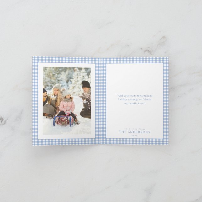 Cartes Pour Fêtes Annuelles Blue Gingham Christmas Photo (Intérieur)