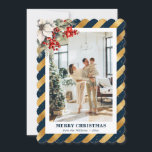 Cartes Pour Fêtes Annuelles Blue Gold Botanical Modern Photo Christmas Card<br><div class="desc">Elegant blue and gold photo Christmas card featuring modern stripes,  snowflakes and stars adorned with a watercolor painting of white poinsettia,  conifer tree branches,  holly and red berries. Easily personalize this modern holiday card online. The gold foil effect is only simulated in the artwork.</div>