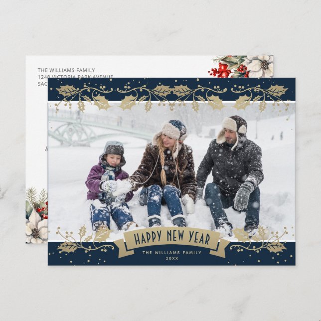 Cartes Pour Fêtes Annuelles Blue Gold Holly Berries Photo Happy New Year (Devant / Derrière)