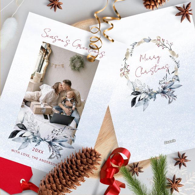 Cartes Pour Fêtes Annuelles Blue Gold Wreath Couple Famille Une photo Noël (Créateur téléchargé)