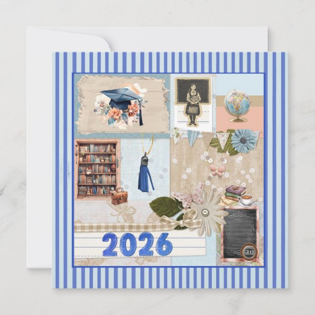 Cartes Pour Fêtes Annuelles Blue Grad 2026, Girl, Cap, Tassel, Bookcase, Globe (Devant)