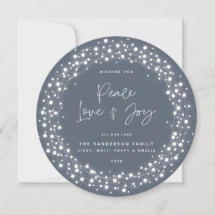 Cartes Pour Fêtes Annuelles Blue Grey Peace Love+Joy Script Éclairage