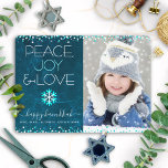 Cartes Pour Fêtes Annuelles Blue Hanoukka Peace Joy Love Citation Photo Flocon<br><div class="desc">"Paix, joie et amour." Une illustration amusante, ludique, flocon de neige et typographie moderne sur un arrière - plan d'aquarelle en marbre bleu turquoise et riche vous aide à ouvrir la saison Hanoukka, avec la photo personnalisée de votre choix. Faux feuille turquoise et points confettis blancs encadrent la carte. Sentez...</div>
