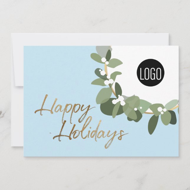 Cartes Pour Fêtes Annuelles Blue Happy Holidays Wreath Your Logo gold (Devant)