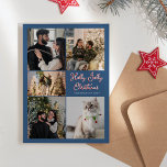 Cartes Pour Fêtes Annuelles Blue Holly Jolly Christmas Cinq photos Collage<br><div class="desc">Cette carte de vacances Blue Holly Jolly Christmas Five Photo Collage est dotée d'une toile de fond simple, brillante et joyeuse de bleu et de rouge avec des bordures blanches propres et une typographie classique, agrémentée d'un script de style sucre de canne fantaisiste pour les titres et les en-têtes. Faites-en...</div>